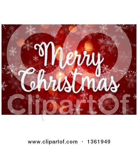 Clipart of a White Merry Christmas Greeting over Red Bokeh Flares and Snowflakes - Royalty Free Illustration by KJ Pargeter