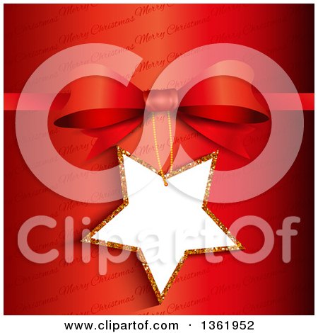Clipart of a 3d Star Shaped Gift Tag Frame Attached to a Bow over Red and Merry Christmas Text - Royalty Free Vector Illustration by KJ Pargeter