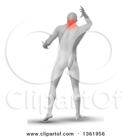 Clipart of a 3d Rear View of a Medical Anatomical Male Reaching Back, with Glowing Neck Pain, on White - Royalty Free Illustration by KJ Pargeter