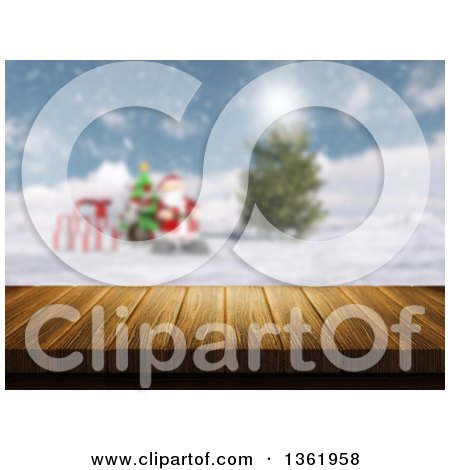 Clipart of a 3d Wood Table with a Blurred View of Santa with Gifts and a Tree on a Winter Day - Royalty Free Illustration by KJ Pargeter