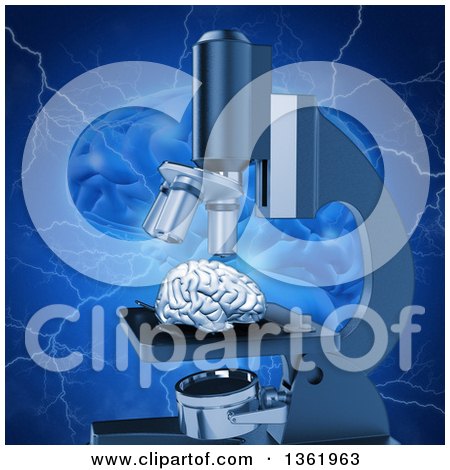 Clipart of a 3d Human Brain Under a Microscope, over a Larger Brain with Blue Lightning - Royalty Free Illustration by KJ Pargeter