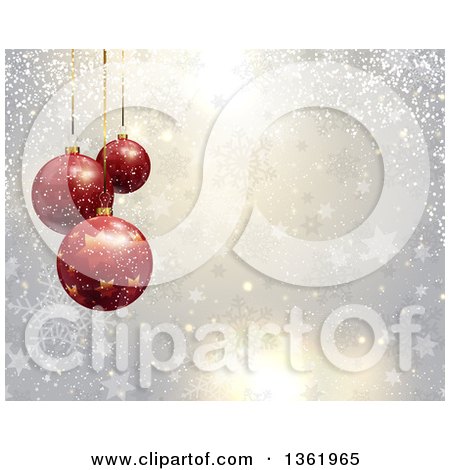 Clipart of a Christmas Background of Suspended 3d Red Star Baubles over Snowflakes and Stars - Royalty Free Vector Illustration by KJ Pargeter