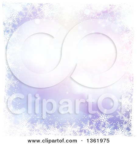 Clipart of a Purple Bokeh Flare Christmas Background Bordered in White Snowflakes - Royalty Free Vector Illustration by KJ Pargeter