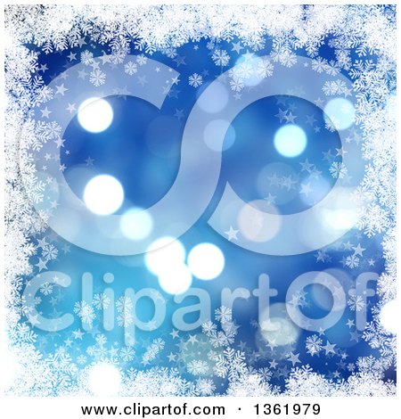 Clipart of a Blue Flare Christmas Background Bordered in White Snowflakes and Stars - Royalty Free Illustration by KJ Pargeter
