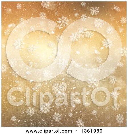 Clipart of a Gold Snowflake Winter or Christmas Background with Stars - Royalty Free Illustration by KJ Pargeter