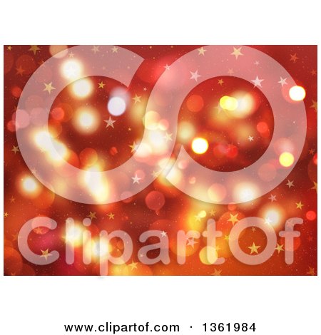 Clipart of a Christmas Background of Bokeh Flares and Stars on Red - Royalty Free Illustration by KJ Pargeter