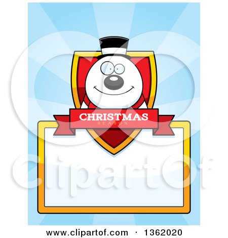 Clipart of a Snowman Christmas Shield over a Blank Sign and Blue Rays - Royalty Free Vector Illustration by Cory Thoman