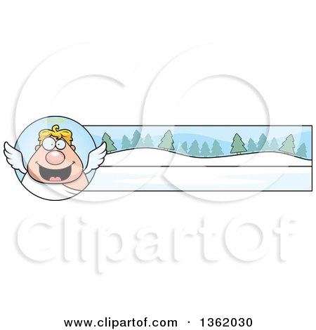 Clipart of a Chubby Male Angel and Winter Landscape Christmas Banner - Royalty Free Vector Illustration by Cory Thoman