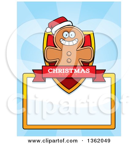 Clipart of a Gingerbread Cookie Man Christmas Shield over a Blank Sign and Blue Rays - Royalty Free Vector Illustration by Cory Thoman