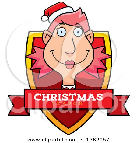 Clipart of a Female Christmas Elf Shield with a Christmas Season Banner - Royalty Free Vector Illustration by Cory Thoman