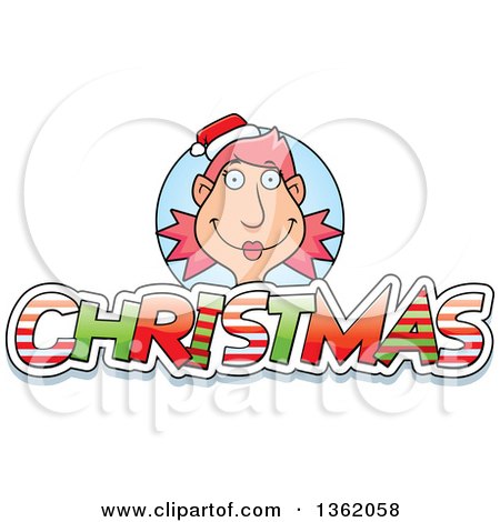 Clipart of a Female Elf over Patterned Christmas Text - Royalty Free Vector Illustration by Cory Thoman