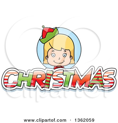 Clipart of a Girl Elf over Patterned Christmas Text - Royalty Free Vector Illustration by Cory Thoman