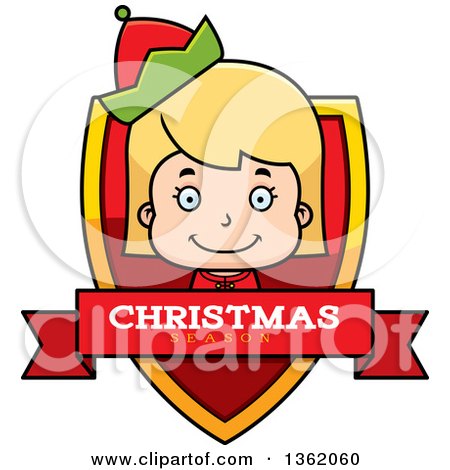 Clipart of a Girl Christmas Elf Shield with a Christmas Season Banner - Royalty Free Vector Illustration by Cory Thoman
