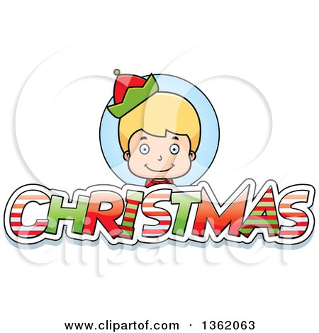 Clipart of a Boy Elf over Patterned Christmas Text - Royalty Free Vector Illustration by Cory Thoman