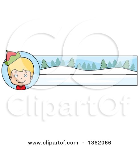 Clipart of a Boy Christmas Elf and Winter Landscape Banner - Royalty Free Vector Illustration by Cory Thoman