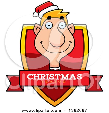 Clipart of a Male Christmas Elf Shield with a Christmas Season Banner - Royalty Free Vector Illustration by Cory Thoman