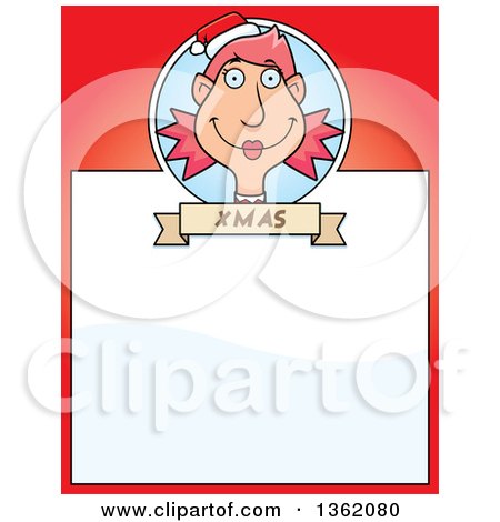 Clipart of a Female Christmas Elf and Red Page with Text Space - Royalty Free Vector Illustration by Cory Thoman