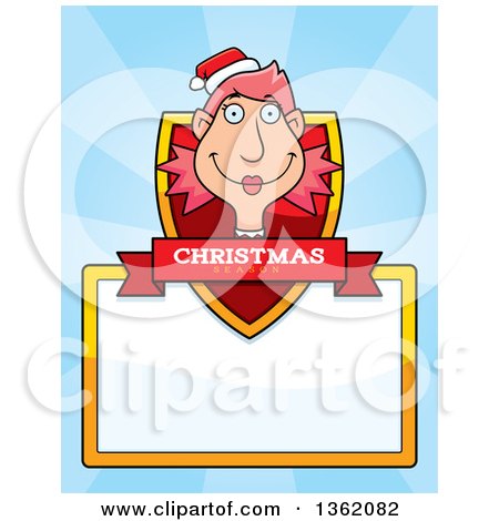 Clipart of a Female Christmas Elf Shield with a Christmas Season Banner and Blank Sign over Blue Rays - Royalty Free Vector Illustration by Cory Thoman