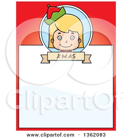 Clipart of a Girl Christmas Elf and Red Page with Text Space - Royalty Free Vector Illustration by Cory Thoman