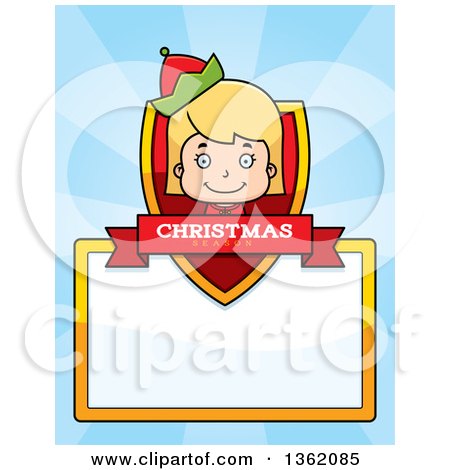 Clipart of a Girl Christmas Elf Shield with a Christmas Season Banner and Blank Sign over Blue Rays - Royalty Free Vector Illustration by Cory Thoman