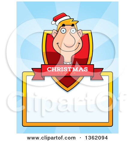Clipart of a Male Christmas Elf Shield with a Christmas Season Banner and Blank Sign over Blue Rays - Royalty Free Vector Illustration by Cory Thoman