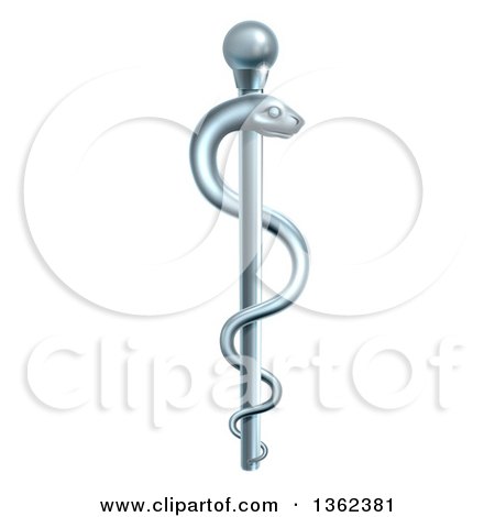 Clipart of a 3d Silver Metal Medical Rod of Asclepius with a Snake - Royalty Free Vector Illustration by AtStockIllustration