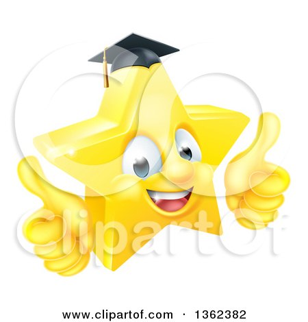 Clipart of a 3d Happy Golden Graduate Star Emoji Emoticon Character Giving Two Thumbs up - Royalty Free Vector Illustration by AtStockIllustration