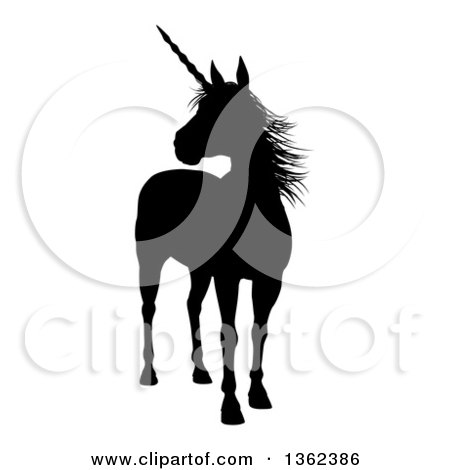 Clipart of a Black Silhouetted Mythical Unicorn Standing and Looking to the Left - Royalty Free Vector Illustration by AtStockIllustration