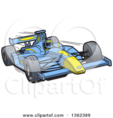 Clipart of a Cartoon Driver in a Blue and Yellow Race Car - Royalty Free Vector Illustration by Clip Art Mascots