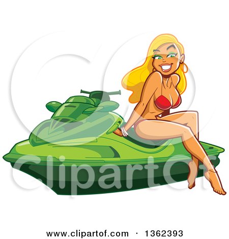 Clipart of a Sexy Blond White Pinup Woman Sitting on a Green Jet Ski - Royalty Free Vector Illustration by Clip Art Mascots