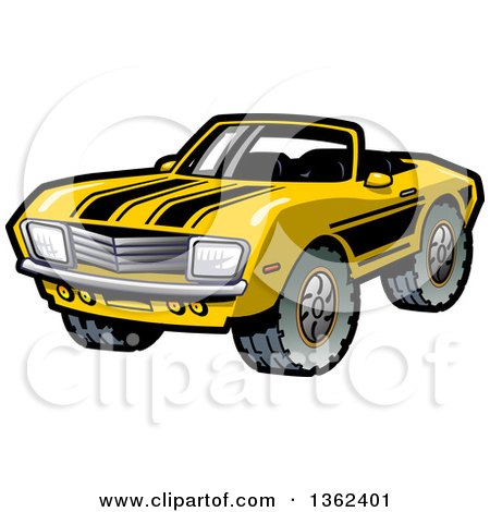 Clipart of a Cartoon Yellow Convertible Muscle Car with Black Racing Stripes and Mud Tires - Royalty Free Vector Illustration by Clip Art Mascots