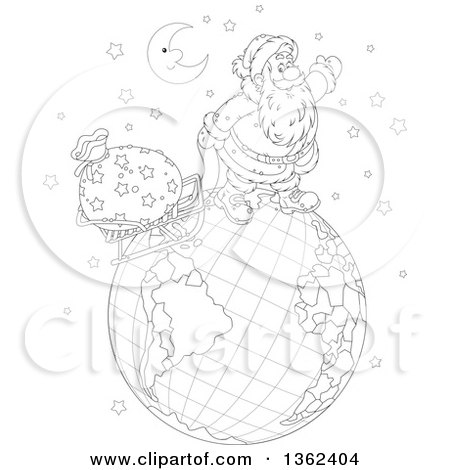Clipart of a Cartoon Black and White Crescent Moon over Santa Claus Pulling a Sleigh on a Globe on Christmas Eve - Royalty Free Vector Illustration by Alex Bannykh