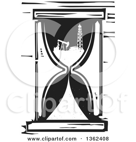 Clipart of a Black and White Woodcut Oil Pump and Tour in an Hourglass - Royalty Free Vector Illustration by xunantunich