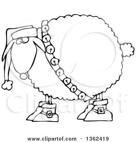 Clipart of a Cartoon Black and White Festive Christmas Sheep in Boots, Jingle Bells and a Santa Hat - Royalty Free Vector Illustration by djart