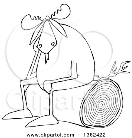 Clipart of a Cartoon Black and White Depressed Moose Sitting on a Log - Royalty Free Vector Illustration by djart