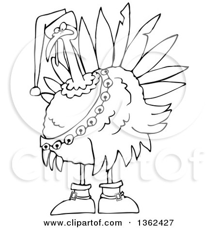 Clipart of a Cartoon Black and White Christmas Turkey Bird Wearing a Santa Hat and Bell Sash - Royalty Free Vector Illustration by djart