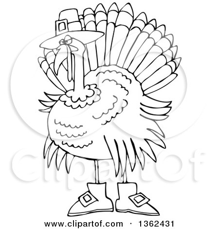 Clipart of a Cartoon Black and White Thanksgiving Turkey Bird Wearing Boots and a Pilgrim Hat - Royalty Free Vector Illustration by djart