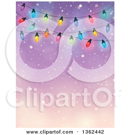 Clipart of a Background of Colorful Christmas Lights over Blue with Snow and Text Space - Royalty Free Vector Illustration by visekart