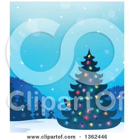 Clipart of a Silhouetted Christmas Tree with Colorful Lights in a Winter Landscape - Royalty Free Vector Illustration by visekart