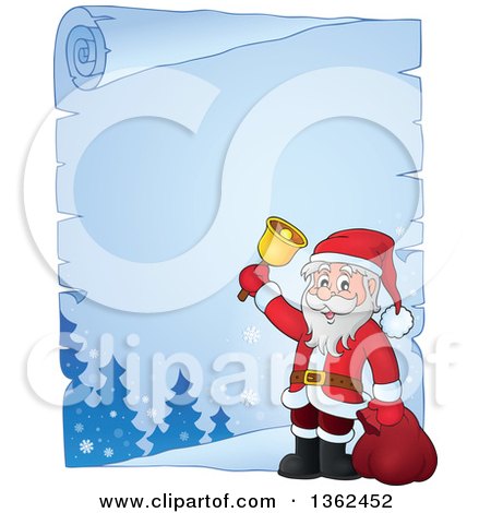 Clipart of a Christmas Santa Claus Ringing a Bell over a Frozen Parchment Scroll Page, with Text Space - Royalty Free Vector Illustration by visekart