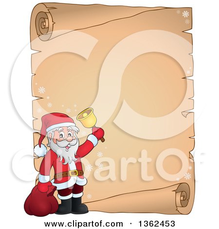 Clipart of a Christmas Santa Claus Ringing a Bell over a Parchment Scroll Page, with Text Space - Royalty Free Vector Illustration by visekart