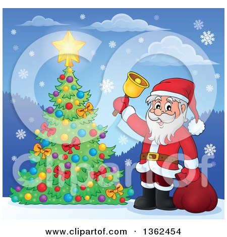 Clipart of a Christmas Santa Claus Ringing a Bell by a Tree in the Snow - Royalty Free Vector Illustration by visekart