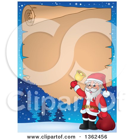 Clipart of a Christmas Santa Claus Ringing a Bell over Winter Mountains and a Parchment Scroll Page, with Text Space - Royalty Free Vector Illustration by visekart