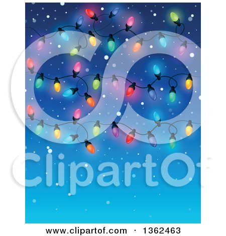 Clipart of a Background of Colorful Christmas Lights over Blue with Snow and Text Space - Royalty Free Vector Illustration by visekart