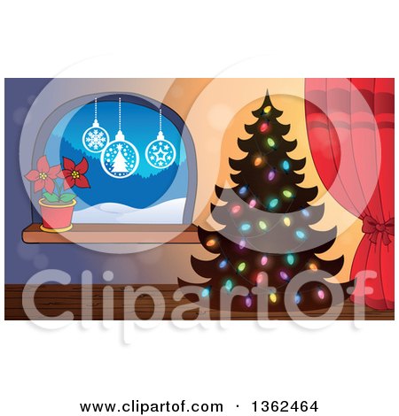 Clipart of a Silhouetted Christmas Tree with Colorful Lights by a Window - Royalty Free Vector Illustration by visekart