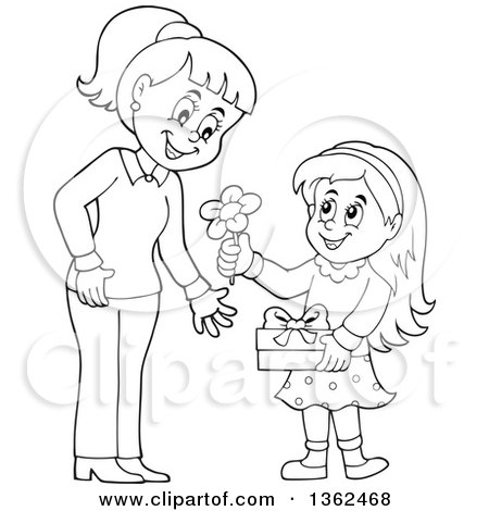 Clipart of a Cartoon Black and White Thoughtful Girl Giving Her Mom a Flower on Mothers Day - Royalty Free Vector Illustration by visekart