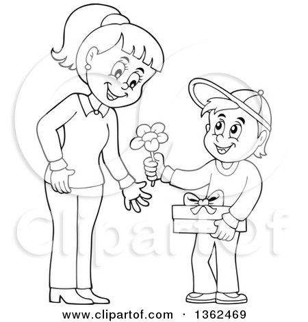 Clipart of a Cartoon Black and White Thoughtful Boy Giving His Mom a Flower on Mothers Day - Royalty Free Vector Illustration by visekart
