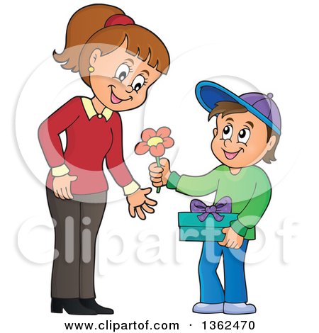 Clipart of a Cartoon Thoughtful Caucasian Boy Giving His Mom a Flower on Mothers Day - Royalty Free Vector Illustration by visekart