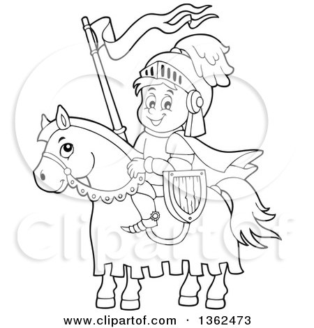 Clipart of a Cartoon Black and White Happy Knight Boy on a Horse - Royalty Free Vector Illustration by visekart