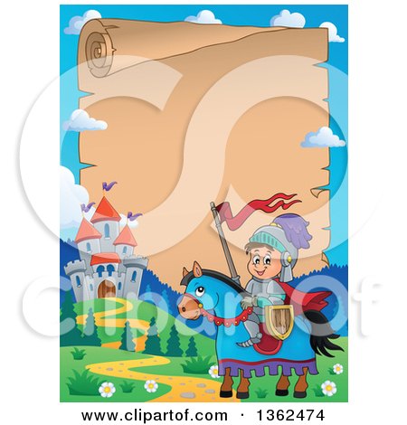 Clipart of a Cartoon Happy Knight Boy on a Horse near a Castle, with a Parchment Scroll in the Background - Royalty Free Vector Illustration by visekart